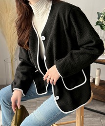 Dewlily（デューリリー）の「上品なやわらかさをまとう冬の味方♪ 配色ラインノーカラーコート（ノーカラージャケット）」