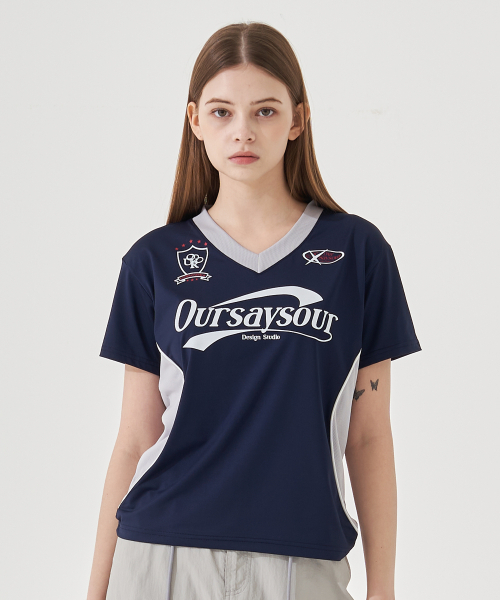 OURSAYSOUR（アワーセイアワー）の「スポーティー切り替え配色パイピング半袖Tシャツネイビー/メランジ（Tシャツ/カットソー・レディース・その他・FREE）」の4枚目の写真