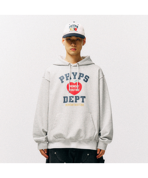 PHYSICAL DEPARTMENT(フィジカル デパートメント)の「ハートアップルレイアウトフード_グレー(パーカー・レディース・その他・LARGE/X-LARGE/MEDIUM)」の1枚目の写真