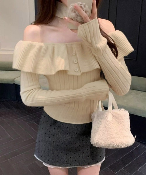 Miniministore(ミニミニストア)の「チョーカーネックニットトップスオフショル(ニット/セーター・レディース・ライトベージュ/グレー/ブラック・FREE)」の3枚目の写真