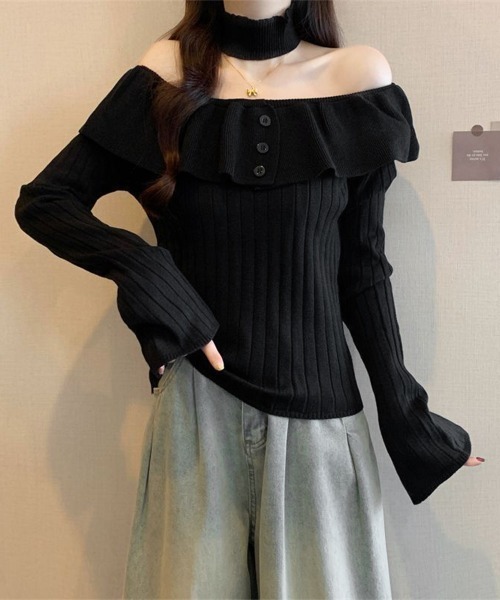 Miniministore(ミニミニストア)の「チョーカーネックニットトップスオフショル(ニット/セーター・レディース・ライトベージュ/グレー/ブラック・FREE)」の2枚目の写真