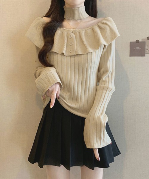Miniministore(ミニミニストア)の「チョーカーネックニットトップスオフショル(ニット/セーター・レディース・ライトベージュ/グレー/ブラック・FREE)」の10枚目の写真
