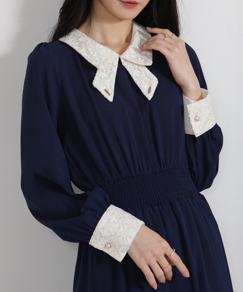 pumpkin port（パンプキンポート）の「レースリボン襟使い ハイウエスト ゴールドプレート ロングワンピース（ワンピース・レディース・ブルー/ブラック/ネイビー/ピンク/ライトグレー・S/M/L/LL）」の3枚目の写真