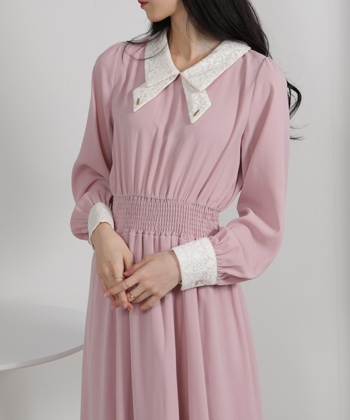 pumpkin port（パンプキンポート）の「レースリボン襟使い ハイウエスト ゴールドプレート ロングワンピース（ワンピース・レディース・ブルー/ブラック/ネイビー/ピンク/ライトグレー・S/M/L/LL）」の5枚目の写真