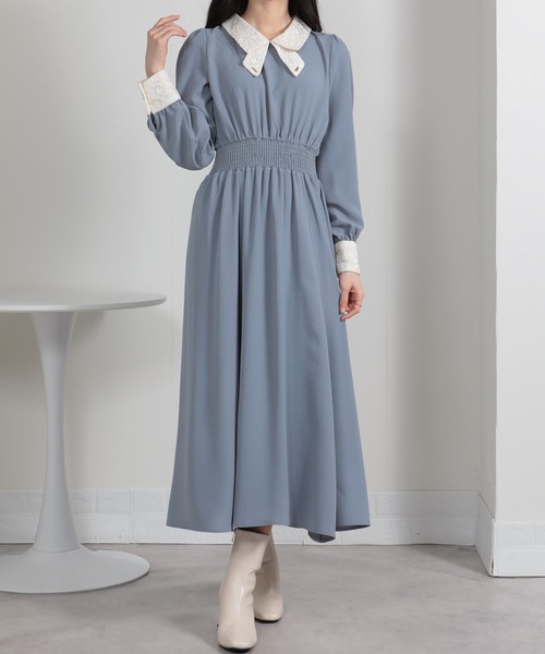 pumpkin port（パンプキンポート）の「レースリボン襟使い ハイウエスト ゴールドプレート ロングワンピース（ワンピース・レディース・ブルー/ブラック/ネイビー/ピンク/ライトグレー・S/M/L/LL）」の4枚目の写真