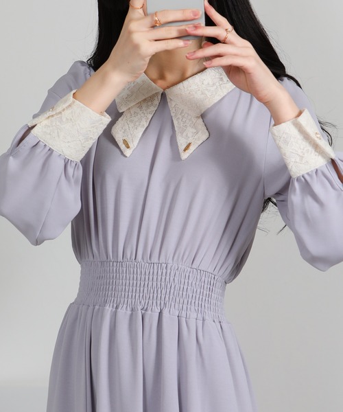 pumpkin port（パンプキンポート）の「レースリボン襟使い ハイウエスト ゴールドプレート ロングワンピース（ワンピース・レディース・ブルー/ブラック/ネイビー/ピンク/ライトグレー・S/M/L/LL）」の2枚目の写真