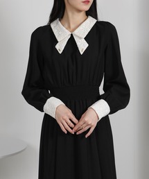 pumpkin port | レースリボン襟使い ハイウエスト ゴールドプレート ロングワンピース(ワンピース)