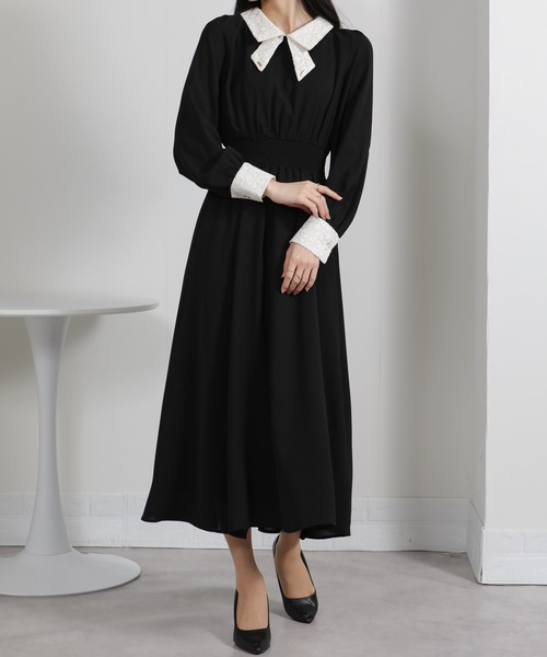 セール】レースリボン襟使い ハイウエスト ゴールドプレート ロング