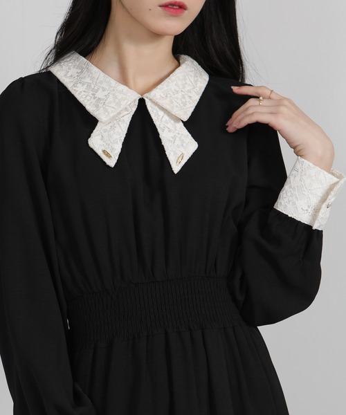 pumpkin port（パンプキンポート）の「レースリボン襟使い ハイウエスト ゴールドプレート ロングワンピース（ワンピース・レディース・ブルー/ブラック/ネイビー/ピンク/ライトグレー・S/M/L/LL）」の8枚目の写真