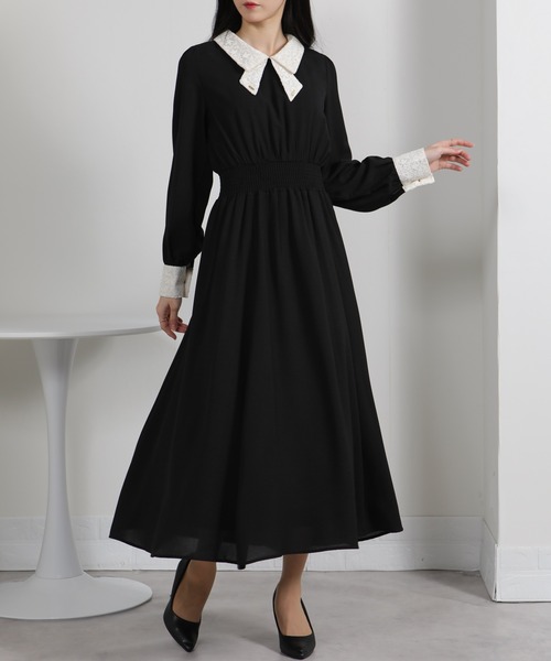 pumpkin port（パンプキンポート）の「レースリボン襟使い ハイウエスト ゴールドプレート ロングワンピース（ワンピース・レディース・ブルー/ブラック/ネイビー/ピンク/ライトグレー・S/M/L/LL）」の9枚目の写真