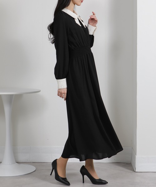 pumpkin port（パンプキンポート）の「レースリボン襟使い ハイウエスト ゴールドプレート ロングワンピース（ワンピース・レディース・ブルー/ブラック/ネイビー/ピンク/ライトグレー・S/M/L/LL）」の10枚目の写真