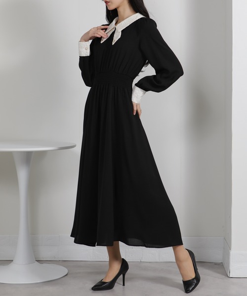 pumpkin port（パンプキンポート）の「レースリボン襟使い ハイウエスト ゴールドプレート ロングワンピース（ワンピース・レディース・ブルー/ブラック/ネイビー/ピンク/ライトグレー・S/M/L/LL）」の11枚目の写真