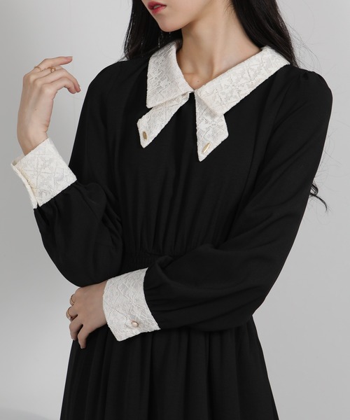 pumpkin port（パンプキンポート）の「レースリボン襟使い ハイウエスト ゴールドプレート ロングワンピース（ワンピース・レディース・ブルー/ブラック/ネイビー/ピンク/ライトグレー・S/M/L/LL）」の12枚目の写真