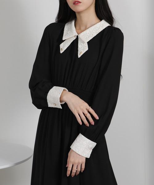 pumpkin port（パンプキンポート）の「レースリボン襟使い ハイウエスト ゴールドプレート ロングワンピース（ワンピース・レディース・ブルー/ブラック/ネイビー/ピンク/ライトグレー・S/M/L/LL）」の13枚目の写真