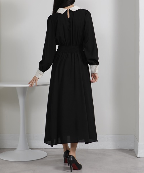 pumpkin port（パンプキンポート）の「レースリボン襟使い ハイウエスト ゴールドプレート ロングワンピース（ワンピース・レディース・ブルー/ブラック/ネイビー/ピンク/ライトグレー・S/M/L/LL）」の14枚目の写真