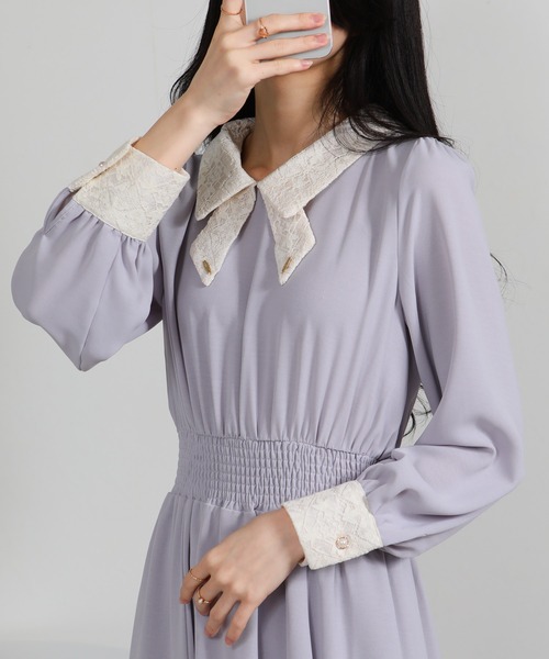 pumpkin port（パンプキンポート）の「レースリボン襟使い ハイウエスト ゴールドプレート ロングワンピース（ワンピース・レディース・ブルー/ブラック/ネイビー/ピンク/ライトグレー・S/M/L/LL）」の15枚目の写真