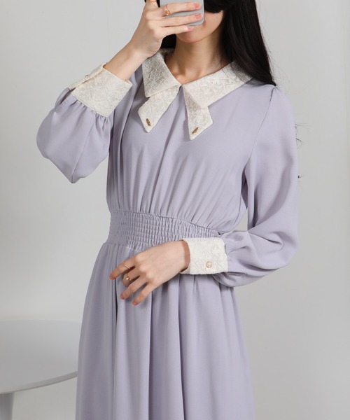 pumpkin port（パンプキンポート）の「レースリボン襟使い ハイウエスト ゴールドプレート ロングワンピース（ワンピース・レディース・ブルー/ブラック/ネイビー/ピンク/ライトグレー・S/M/L/LL）」の16枚目の写真