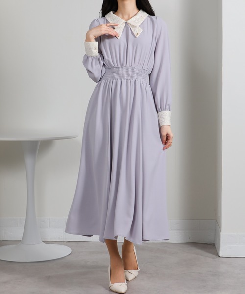 pumpkin port（パンプキンポート）の「レースリボン襟使い ハイウエスト ゴールドプレート ロングワンピース（ワンピース・レディース・ブルー/ブラック/ネイビー/ピンク/ライトグレー・S/M/L/LL）」の17枚目の写真