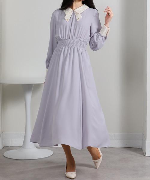 pumpkin port（パンプキンポート）の「レースリボン襟使い ハイウエスト ゴールドプレート ロングワンピース（ワンピース・レディース・ブルー/ブラック/ネイビー/ピンク/ライトグレー・S/M/L/LL）」の19枚目の写真