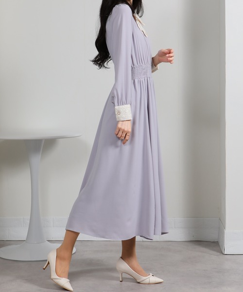 pumpkin port（パンプキンポート）の「レースリボン襟使い ハイウエスト ゴールドプレート ロングワンピース（ワンピース・レディース・ブルー/ブラック/ネイビー/ピンク/ライトグレー・S/M/L/LL）」の20枚目の写真