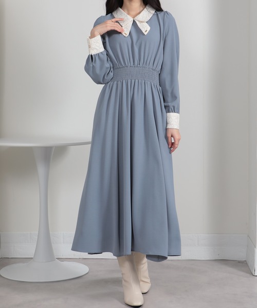 セール】レースリボン襟使い ハイウエスト ゴールドプレート ロング