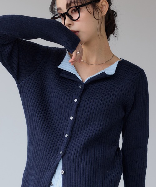 210nouve(トゥージュヌーブ)の「レイヤード バイカラー ニット カーディガン(カーディガン/ボレロ・レディース・グレー/ネイビー/ホワイト・FREE)」の1枚目の写真