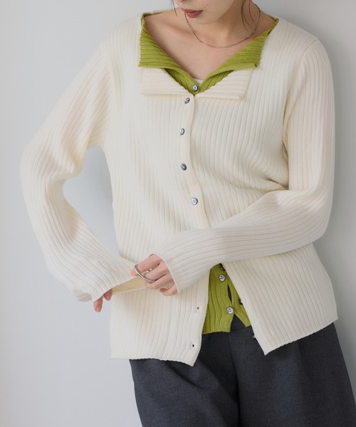 210nouve(トゥージュヌーブ)の「レイヤード バイカラー ニット カーディガン(カーディガン/ボレロ・レディース・グレー/ネイビー/ホワイト・FREE)」の2枚目の写真