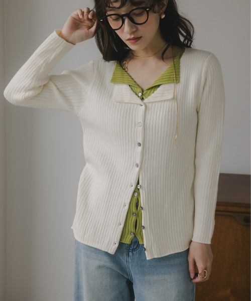 210nouve(トゥージュヌーブ)の「レイヤード バイカラー ニット カーディガン(カーディガン/ボレロ・レディース・グレー/ネイビー/ホワイト・FREE)」の4枚目の写真