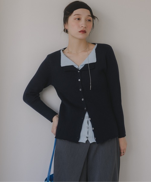 210nouve(トゥージュヌーブ)の「レイヤード バイカラー ニット カーディガン(カーディガン/ボレロ・レディース・グレー/ネイビー/ホワイト・FREE)」の8枚目の写真