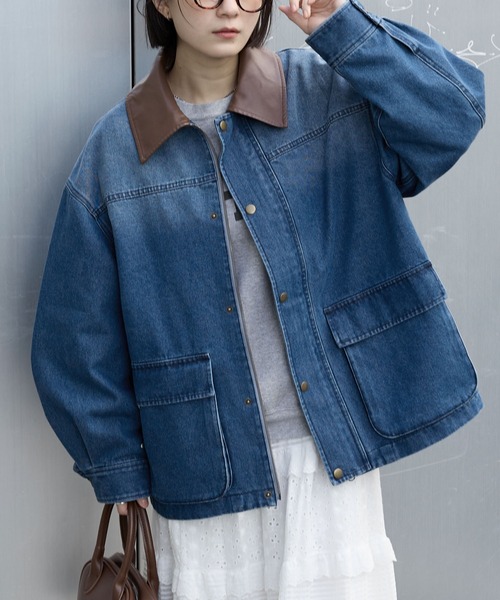 MONO-MART（モノマート）の「【anyway.シリーズ】配色襟デニムファティーグ（洗える）ジャケット〈セットアップ対応〉（デニムジャケット・レディース・ブラック/ライトベージュ/ブルー/ブラウン/インディゴブルー・M/L）」の5枚目の写真