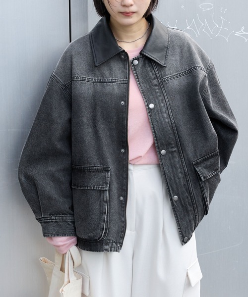 MONO-MART（モノマート）の「【anyway.シリーズ】配色襟デニムファティーグ（洗える）ジャケット〈セットアップ対応〉（デニムジャケット・レディース・ブラック/ライトベージュ/ブルー/ブラウン/インディゴブルー・M/L）」の2枚目の写真