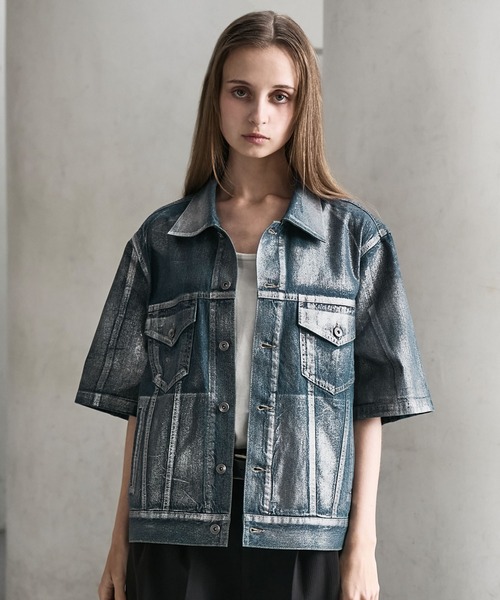 即完商品　箔プリント トラッカーデザインデニムシャツ　サイズM CLEL】Foil Print Trucker Design Denim Shirt / 箔プリント