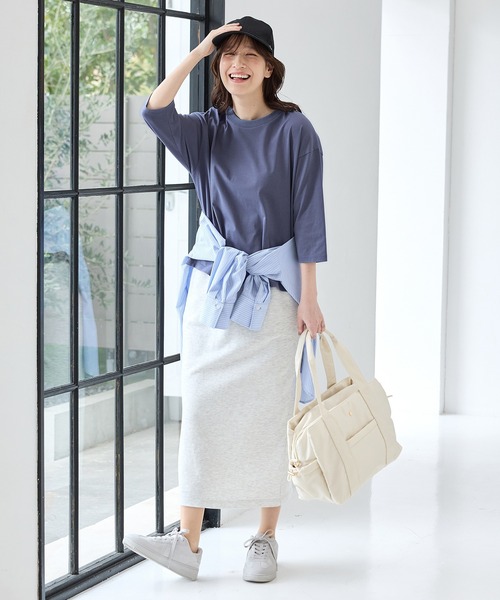 Honeys（ハニーズ）の「【ハニさら・接触冷感・ＵＶカット】きれいめ７分袖Ｔシャツ（Tシャツ/カットソー・レディース・ブラック/ブルー/オフホワイト/ダークブラウン系・S/M/LL/L）」の6枚目の写真