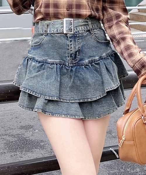 INGNI（イング）の「ベルト付デニムフリルミニスカパン（スカート・レディース・ブルー系その他4/グレー/ブルー系その他・M）」の2枚目の写真