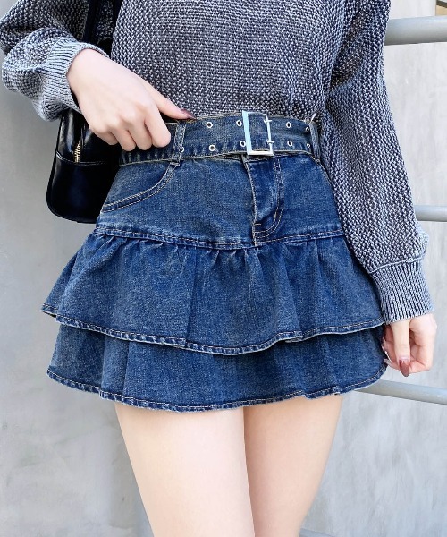 INGNI（イング）の「ベルト付デニムフリルミニスカパン（スカート・レディース・ブルー系その他4/グレー/ブルー系その他・M）」の3枚目の写真