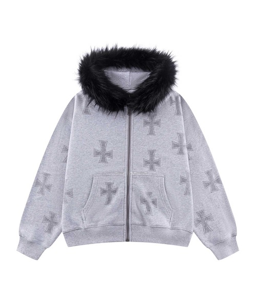 セール】ジップフーディ｜Grey x Black Allover Cross Rhinestone Faux