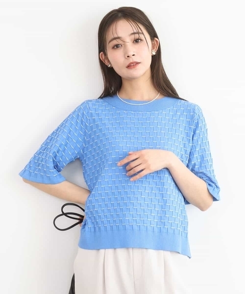 MK MICHEL KLEIN（エムケーミッシェルクラン）の「ブロック調クロップド丈ニット/UVカット/洗える（ニット/セーター・レディース・ホワイト/イエロー/ブルー・38）」の2枚目の写真