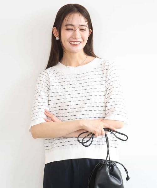 MK MICHEL KLEIN（エムケーミッシェルクラン）の「ブロック調クロップド丈ニット/UVカット/洗える（ニット/セーター・レディース・ホワイト/イエロー/ブルー・38）」の19枚目の写真
