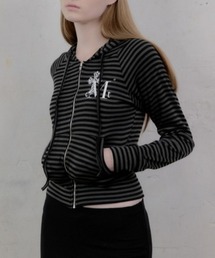 A'GEM/9 × .kom 『MUCENT/ムセント』SAHARA LEOPARD CROSS STRIPE RAGLAN HOOD ZIP-UP/ストライプラグランジップトップス