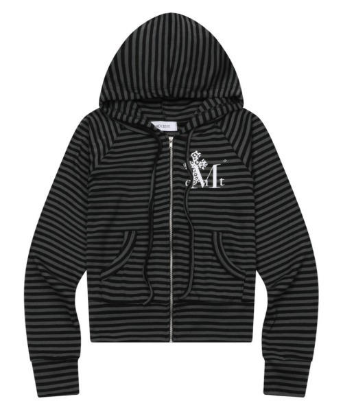 MUCENT(ムセント)の「A'GEM/9 × .kom 『MUCENT/ムセント』SAHARA LEOPARD CROSS STRIPE RAGLAN HOOD ZIP-UP/ストライプラグランジップトップス(パーカー・レディース・ブラック/チャコールグレー・FREE)」の11枚目の写真