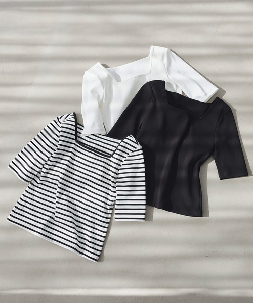 &BLOOM(アンドブルーム)の「UVカット スクエアネック トップス バストパッド付 &BLOOM(アンドブルーム)(Tシャツ/カットソー・レディース・ブラック×ホワイト/ホワイト/ブラック・フリー)」の4枚目の写真