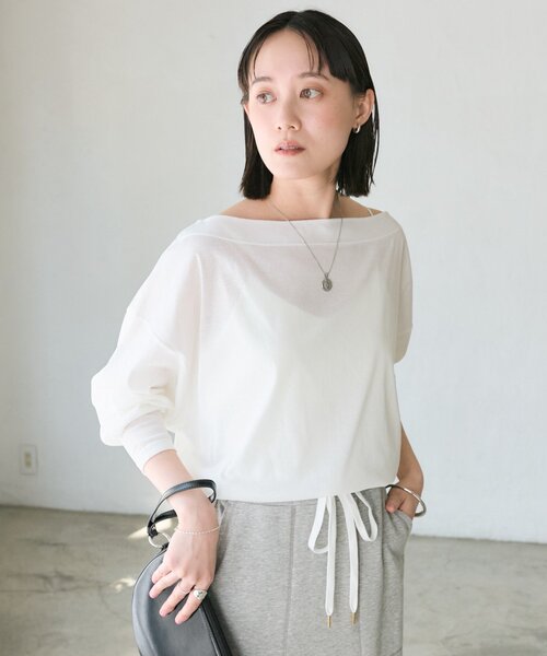 RIVE DROITE(リヴドロワ)の「【大人の肌見せ/抜け感◎/接触冷感/汗じみ防止付き】シアードルマンカットソー(Tシャツ/カットソー・レディース・ブラック/オフホワイト/グレイッシュベージュ・FREE)」の8枚目の写真