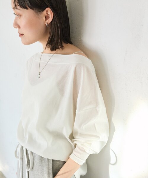 RIVE DROITE(リヴドロワ)の「【大人の肌見せ/抜け感◎/接触冷感/汗じみ防止付き】シアードルマンカットソー(Tシャツ/カットソー・レディース・ブラック/オフホワイト/グレイッシュベージュ・FREE)」の14枚目の写真