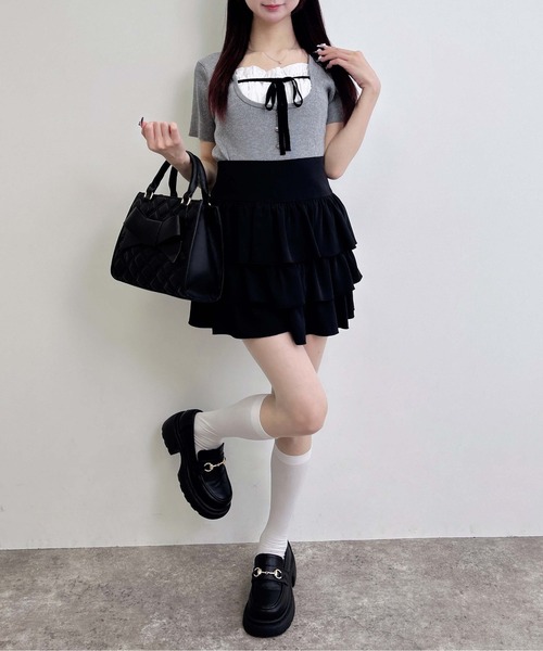 INGNI(イング)の「フロントレースドッキング半袖ニット(ニット/セーター・レディース・ピンク系2/ネイビー系/ブラック×ホワイト/グレー×ホワイト・M)」の14枚目の写真