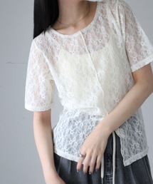 シアーレースセンタースリット半袖ブラウス/レースTシャツ