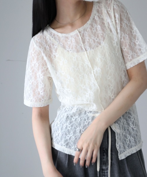 PUTUMAYO レース燕尾ブラウス 半袖 希少 セール】シアーレースセンタースリット半袖ブラウス/レースTシャツ（T