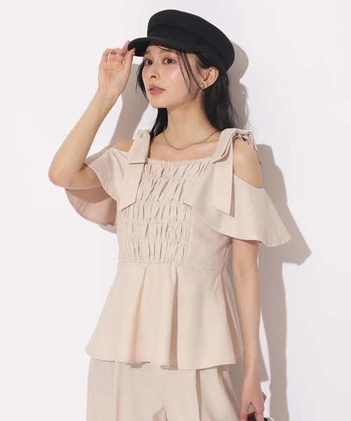 SETUP対応］ショルダーリボンペプラムトップス（シャツ/ブラウス 