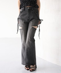 【SMサイズ展開あり】サイドスリットフレアリボンデニムパンツ