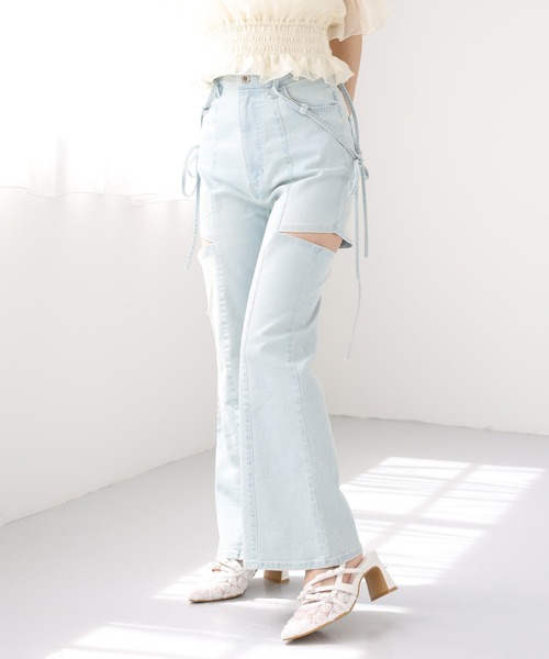 セール】【SMサイズ展開あり】サイドスリットフレアリボンデニムパンツ