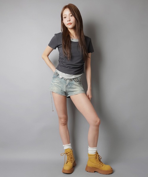 SPINNS（スピンズ）の「重ね着要らず これだけ1枚。配色レイヤード半袖コンパクトT（Tシャツ/カットソー・レディース・チャコール/ネイビー/ブラック/グレー/オフホワイト・ONESIZE）」の10枚目の写真